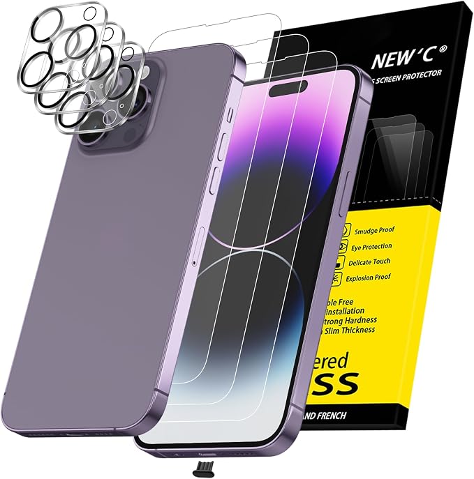NEW'C 3x for iPhone 14 Pro Max Screen Protector (6.7 inches)+ 3x Camera Lens Protector, Sensor Protection + Dust Plug - Case Friendly Tempered Glass Film, Ultra Resistant by NEWC