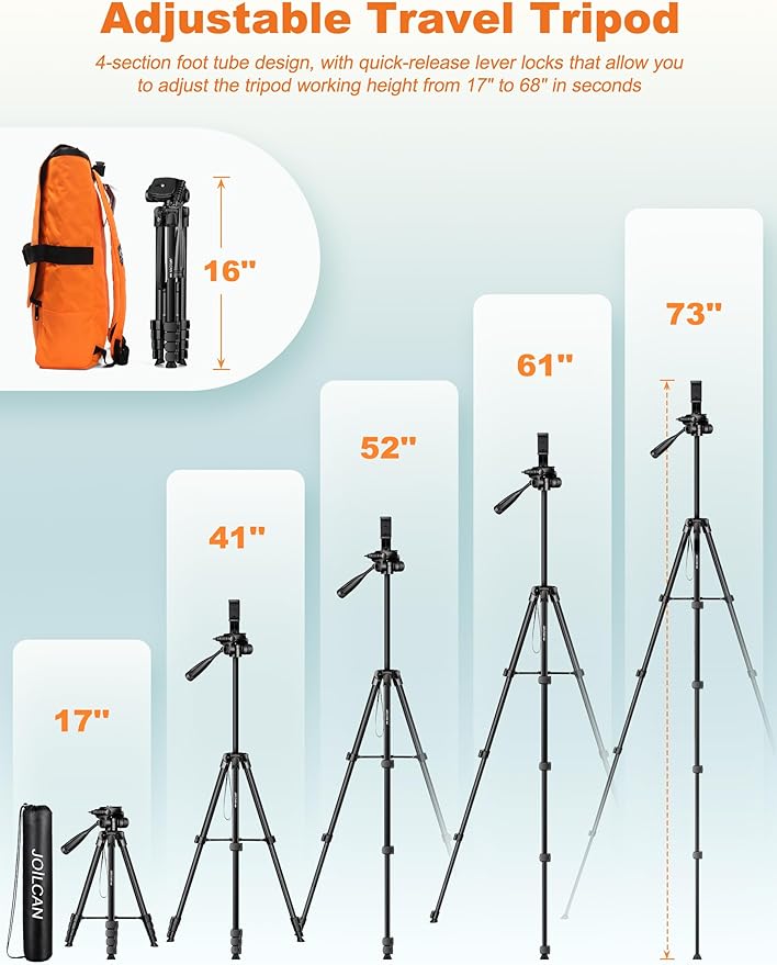 JOILCAN Phone Tripod Stand, 68" Tripod for iPad iPhone Tablet with Remote | Travel Aluminum Tripod with Tablet Holder Carry Bag for Video Recording Photos Vlog Compatible with iPad Pro iPhone Camera - Image 5
