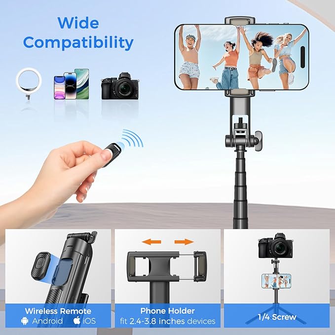 Selfie Stick Tripod for Phone with Remote Control & Holder, 50 Inch, Black | Extendable Selfie Stick Travel for iPhone, iPhone Tripod for Video Recording - Image 6