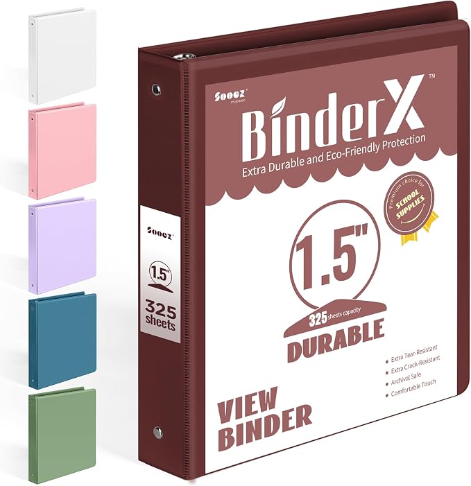 BinderX 3 Ring Binder 1.5 Inch, Clear View Binder, Burgundy Red, Letter | Extra Durable, PVC-Free, Customizable, Interior Pockets, 325-Sheet Capacity, Eco-Friendly, Reinforced Hinge, School, Office by Sooez