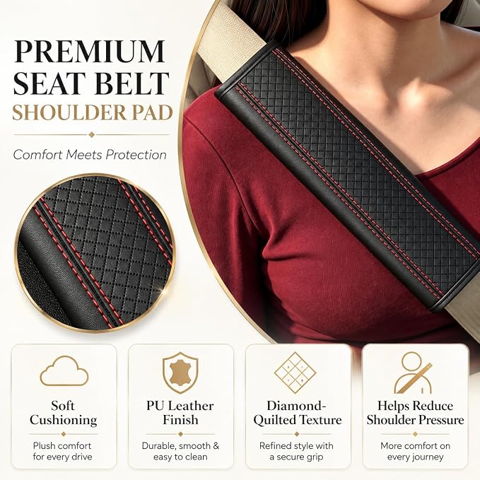 Seat Belt Pads Leather Seat Belt Covers More Comfort Driving Cushion Helps Protect Your Neck and Shoulders Suit for Car, Truck, SUV, Airplane,Camera Backpack Straps-2Pcs - Image 3