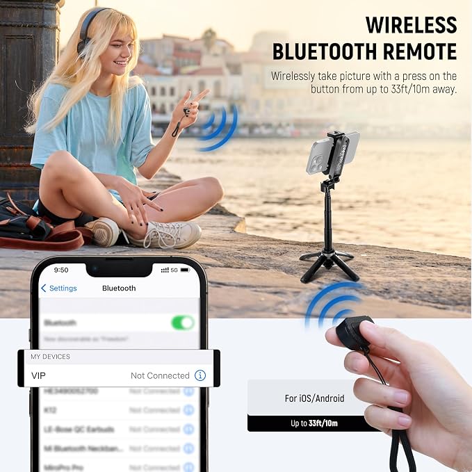 NEEWER Selfie Stick with Detachable Bluetooth Remote Shutter, Lightweight Foldable Travel Tripod for iPhone for YouTube/TikTok Vlogs Live Streaming Photography, Black, P15 - Image 7