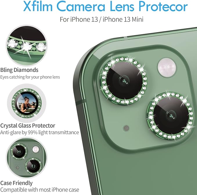 iPhone 13/13 Mini Camera Lens Protector Bling Diamond, Alpine Green | Individual Metal, 9H Hardness, Scratch Resistant, Shockproof, Drop Protection, Case Friendly, Stylish Accessories - Image 5