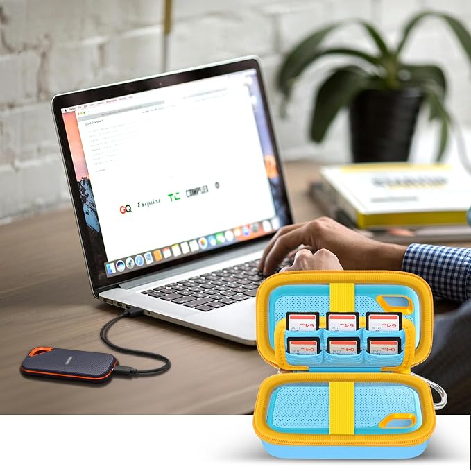 Comecase Dual SSD Case for SanDisk Extreme Portable SSD and Extreme PRO | Holds 2 Drives & 12 SD Cards, Elastic Strap Fit 500GB/1TB/2TB/4TB/8TB, Cable Groove & Carabiner for Travel,Sky Blue,Box Only - Image 6