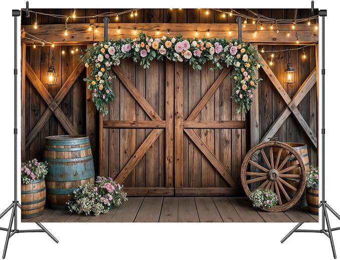 7x5ft Country Wedding Photography Backdrop Rustic Barn Door Photography Backdrop Farmhouse Pink Flower Cabin Wooden Birthday Baby Shower Wedding Bridal Party Banner Photo Booth Props Background - Image 6