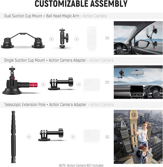 NEEWER Triple Suction Cup Car Mount Compatible with Insta360 X5 X4 GoPro DJI OSMO 360 Cameras, Quick Release Outside Windshield Magic Arm Mount Kit with 2 in 1 Extension Pole/Selfie Stick, CA065 - Image 6