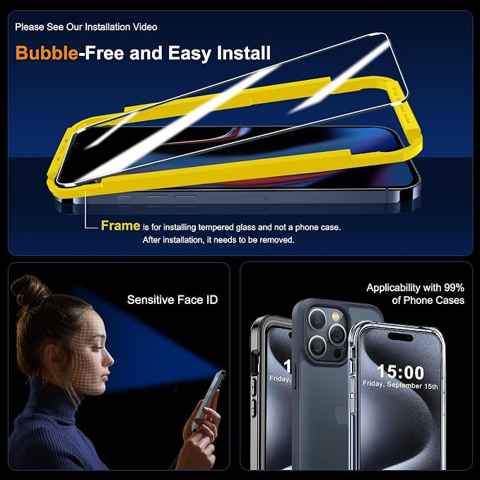 QHOHQ 3 Pack Screen Protector for iPhone 15 Pro Max [6.7 Inch] with 3 Pack Camera Lens Protector, Tempered Glass Film, HD Clear, 9H Hardness, No Bubbles, Case Friendly - Image 6