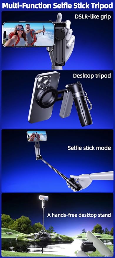 4 in 1 Magnetic Tripod Pocket Selfie Stick Extends to 1.5ft | Portable Camera Grip Handle, Strong Magnetic, Compact, Detachable Remote Control for Selfies/Vlogging/Live Streaming/Travel - Image 7