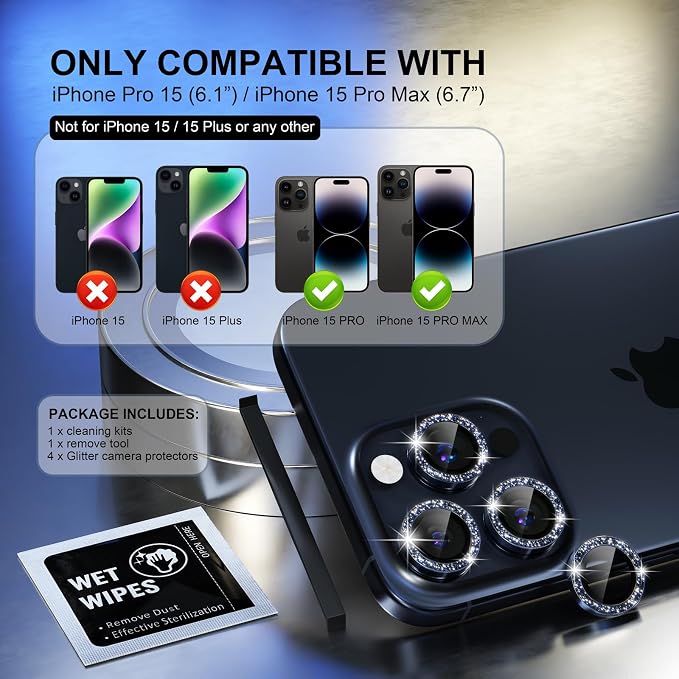 Choiche for iPhone 15 Pro/iPhone 15 Pro Max Camera Lens Protector | Ultra HD, Bling 9H Tempered Glass Camera Cover Screen Protector Metal Ring Decoration Accessories (Glitter-Blue) - Image 2
