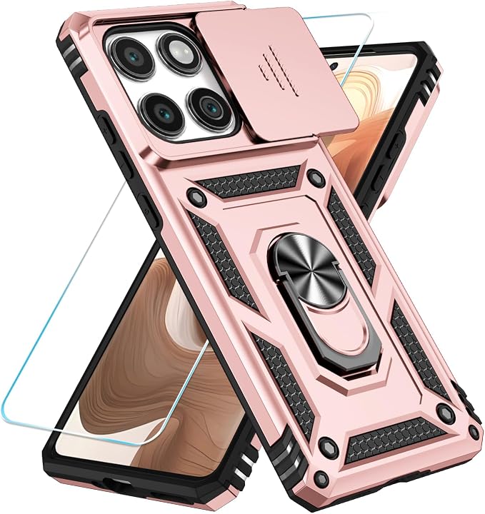 SunStory Compatible with Motorola Moto Edge 2025 Case with HD Screen Protector & Slide Camera Cover & Rotated Ring Kickstand, [Military-Grade] Phone Case for (Rosegold, Moto Edge 2025) by SunStory