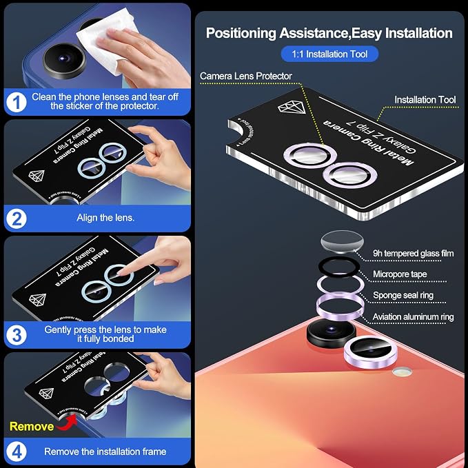 for Samsung Galaxy Z Flip 7 Camera Lens Protector, Individual Metal Ring Tempered Glass Lens Cover, [Strong Adsorption] Scratch Resistant Ultra-Thin HD Clear Lens Cover, 1 Set-Purple - Image 6