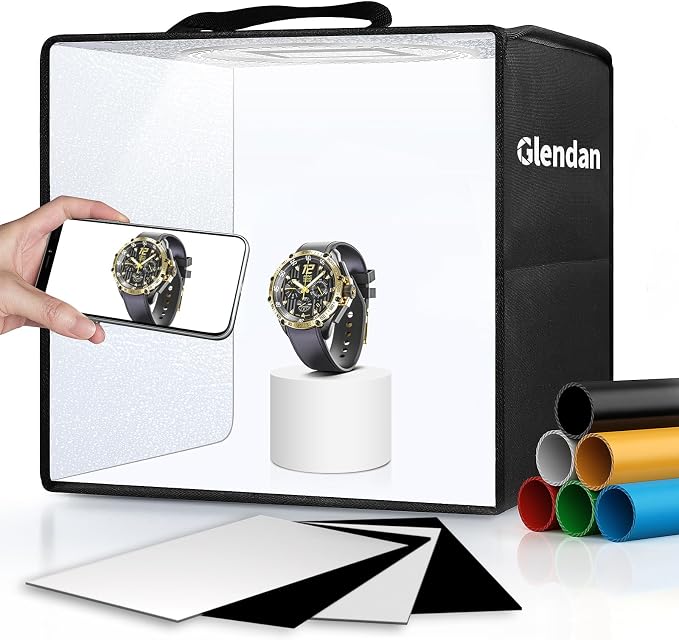 Glendan Light Box Photography, 10"x10" Photo Box with 88 High Color Rendering Index LED Lights, 6 Color PVC Backdrops, 4 Reflection Boards and 1 Diffuser for Jewelry and Small Item Product Photography by Glendan