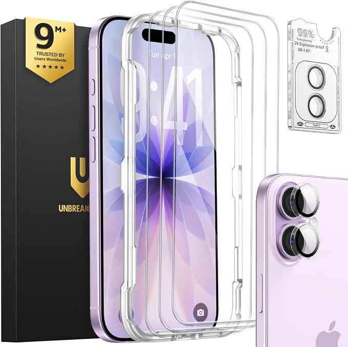 UNBREAKcable iPhone 17 Screen Protector & Camera Lens Protector | Upgraded Dual-Tempered Glass with Military-Grade 9H Hardness, 3-Pack,HD Clarity, Anti-Fingerprint, Case Friendly, Fits 6.3'' by UNBREAKcable