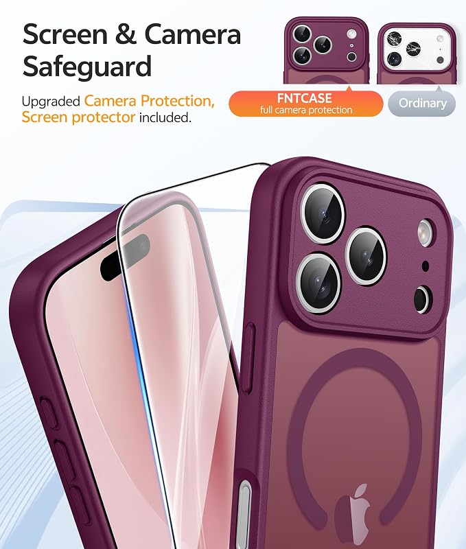 FNTCASE for iPhone 17 Pro Max Case, Fit for Magsafe, Screen Protector | Full Camera Protection, Translucent Matte, 14FT Military Grade Drop Proof, Shockproof Protective Phone Cover, Wine Red - Image 4
