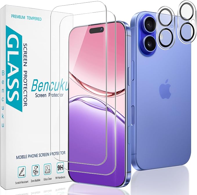 2+2 Pack Screen Protector for iPhone 16 6.1 Inch Tempered Glass | with Camera Lens Protector, 9H Hardness, Anti Scratch, Bubble Free by Bencuku