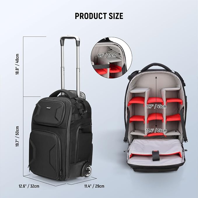 Neewer 2 in 1 Camera Roller Bag with Detachable Shockproof Dividers Retractable Handle Waistband Rain Cover Water Resistant Robust Carry On Backpack for Camera Tripod Flash Lens Laptop, Black, PB027 - Image 7