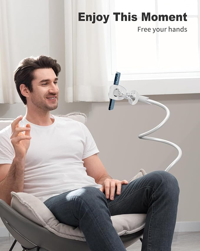 SAIJI Gooseneck Cell Phone Holder, Clamp Universal Lazy Mount Clip Hands Free Flexible Long Arm Bracket Grip for 4.0-6.3 Phones Mobile Stand Baby Monitor for Desk, Bed, Office, Kitchen (White) - Image 4