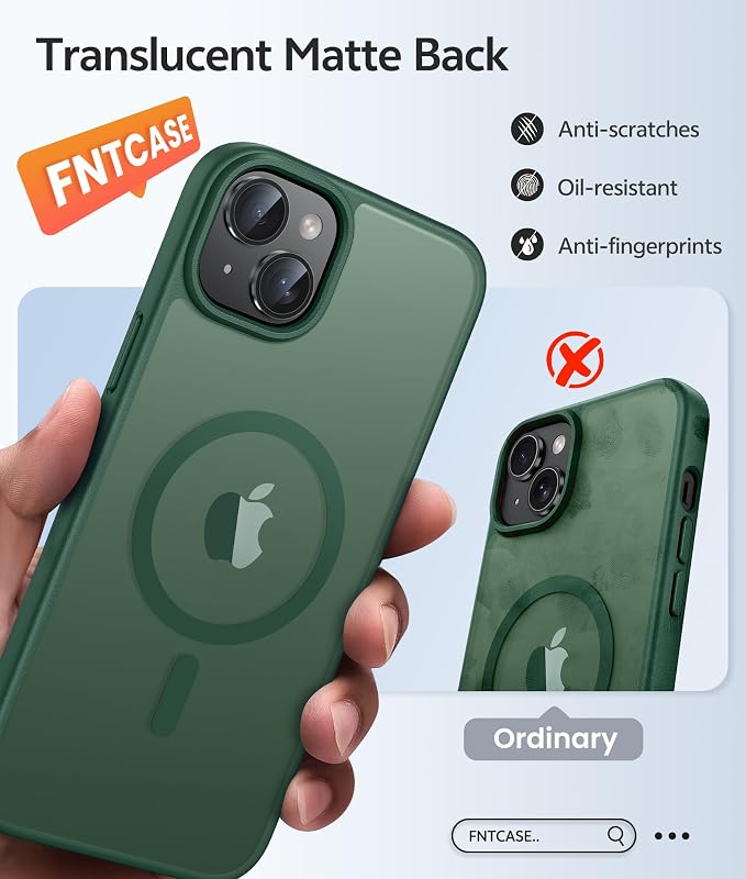 FNTCASE for iPhone 15/14 Plus Case, Fit for Magsafe, Screen Protector Green | Translucent Matte Magnetic Back, 14FT Military Grade Drop Protection, Shockproof Protective Phone Cover, Green - Image 6