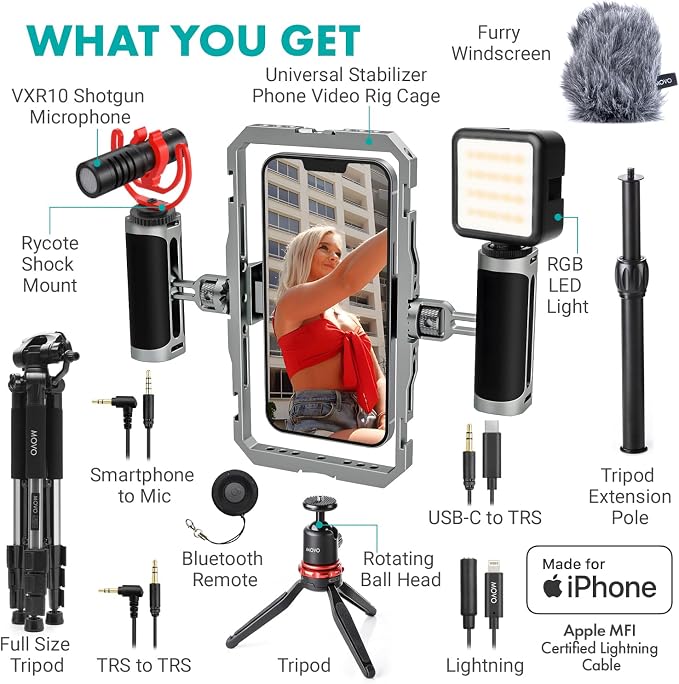 Movo iFilmer-PRO Smartphone Video Rig Kit – Stabilizer Cage with Dual Grips, VXR10 Shotgun Microphone, LED Light, & Tripod for iPhone/Android - Image 2