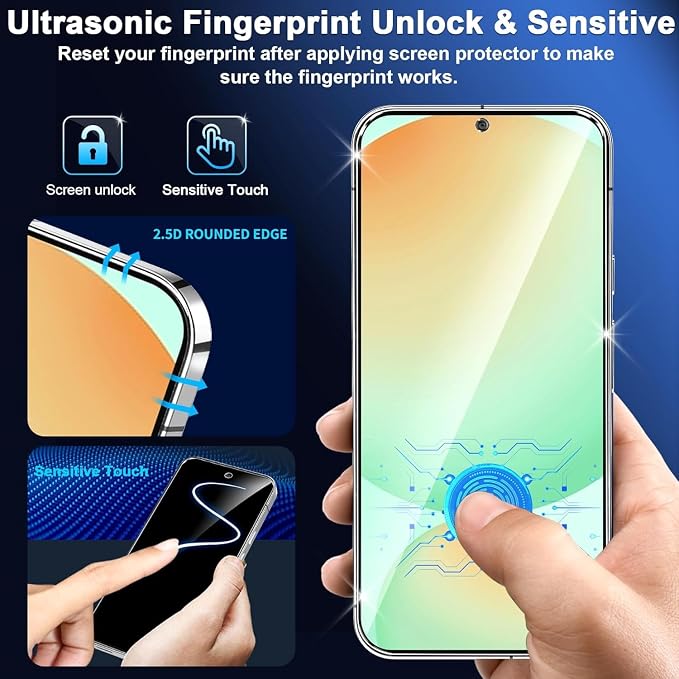 firtstnow 3 Pack for Samsung Galaxy S24 FE Screen Protector Tempered Glass + 3 Pack Camera Lens Protector, Military Grade Shatterproof, 9H Hardness, Fingerprint Unlock, Case Friendly 6.7 Inch - Image 7