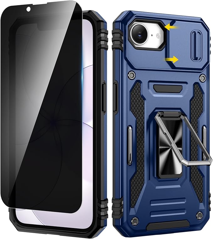VEGO for iPhone 17e/ iPhone 16e Case with Privacy Screen Protector Blue | Slide Camera Cover & Ring Kickstand Military Grade Heavy Duty Protection Cover for iPhone 17e 5G 6.1 Inch - Blue by VEGO