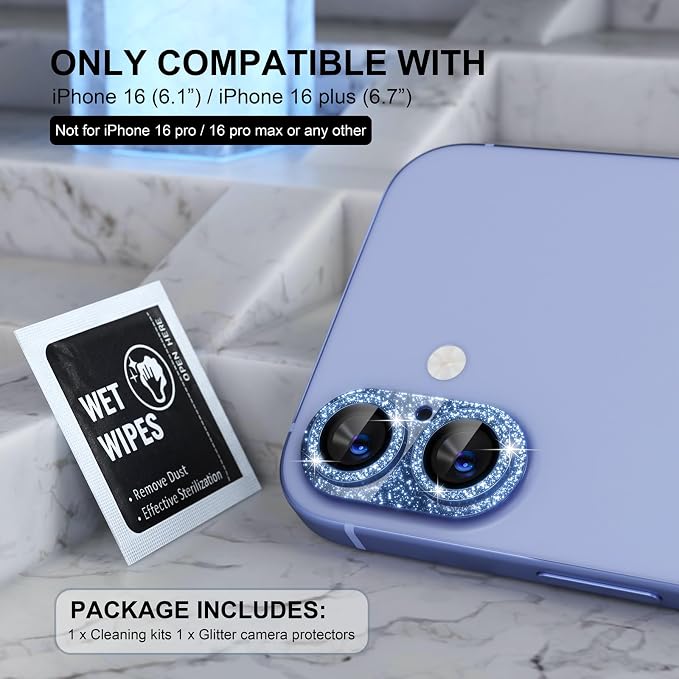 Choiche for iPhone 16/16 Plus Camera Lens Protector, Glitter-Ultramarine | Bling Metal Camera Cover with 9H Tempered Glass Lens Screen Protector Accessories, Strong Adsorption, Case-Friendly - Image 2