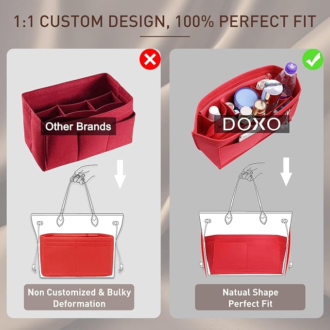 Doxo Purse Organizer Insert for Handbags & Base Shaper 2pc Set, Felt Neverfull GM Organizer Insert, Tote Bag Organizer with Zipper Pocket and Bottle Holder, Fit Neverfull GM and More, Red-XL - Image 5