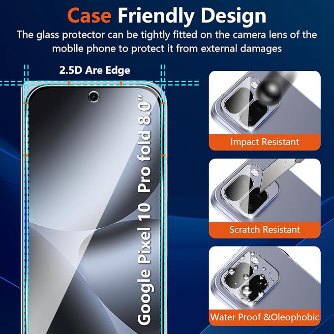 (3+2 Pack) Glass Screen Protector for Google Pixel 10 Pro Fold with Camera Lens Protector,9H Tempered Glass,Fingerprint Unlock,Anti-Scratch,Bubble Free,Case Friendly - Clear - Image 6