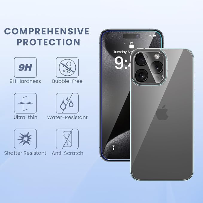 Maxdara [6 in 1 for iPhone 15 Pro Max Screen Protector | Back and Front Screen Protector with Camera Lens Protector [2+2+2 Pack], Tempered Glass - Image 3