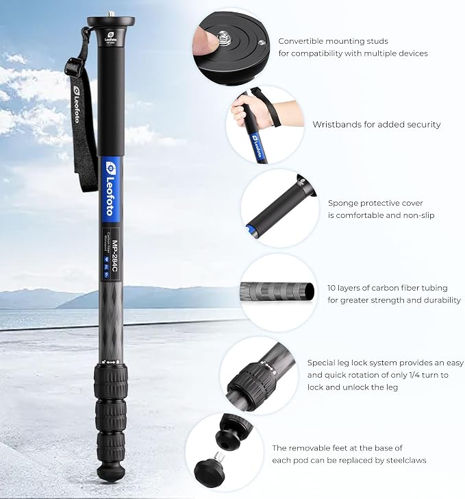LEOFOTO 65" Lightweight Travel Carbon Fiber Monopod, 4 Section Professional Video Monopod with Wrist Strap for DSLR Mirrorless Camera, Max Load 18kg/39.68lb - Image 5