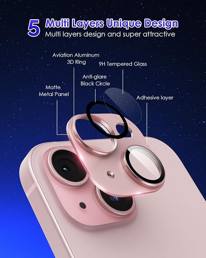 Compatible for iPhone 15/ iPhone 15 Plus/iPhone 14/ iPhone 14 Plus Camera Lens Protector Metal Plus Aluminium Alloy Ring 9H Tempered Glass Screen Camera Cover Pink - Image 4