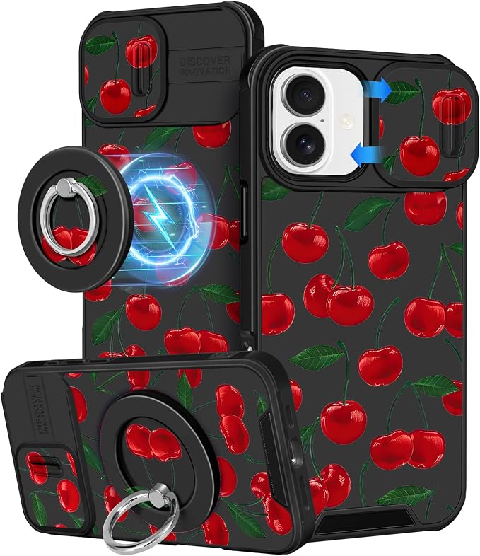 Buleens for iPhone 17 Case 6.3 Inch - with Ring Stand & Camera Cover Aesthetic Cute Designed for Women Girls Girly Pretty Kawaii Cherry Unique Teen Phone Case for iPhone 17 Compatible with Magsafe by Buleens