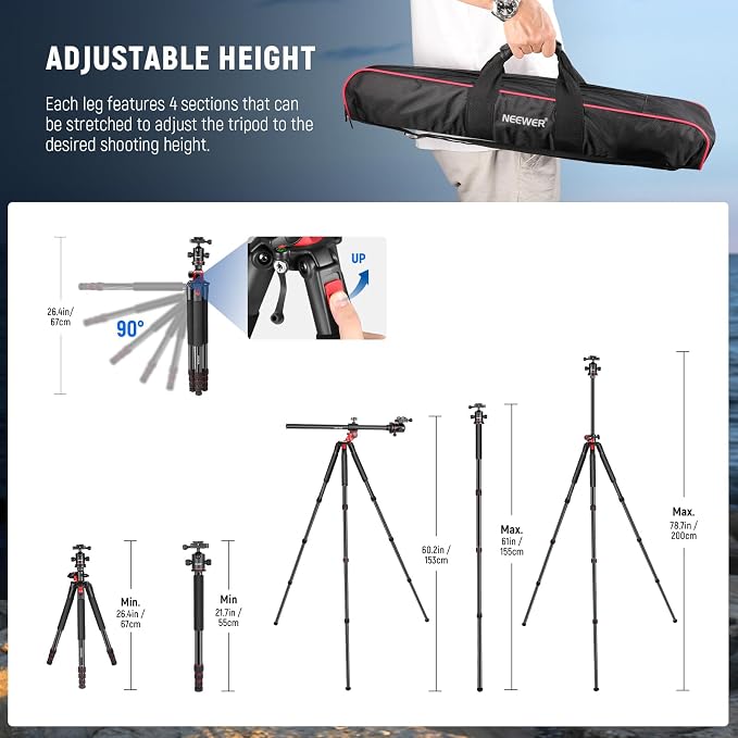 NEEWER 79 inch Camera Tripod Monopod with Center Column and Ball Head Aluminum, Arca Type QR Plate, Bag, Horizontal Tripod Overhead Camera Mount for DSLR Camera, Video Camcorder, Max Load: 33lb - Image 6