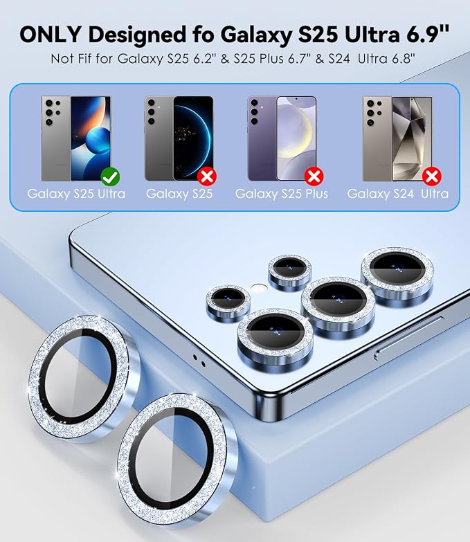 CloudValley for Samsung Galaxy S25 Ultra Camera Lens Protector Bling | 9H Tempered Glass + Aluminum Alloy Lens Protective Ring [Glitter Decoration] Ultra-HD Tempered,Glitter Titanium Silverblue - Image 6