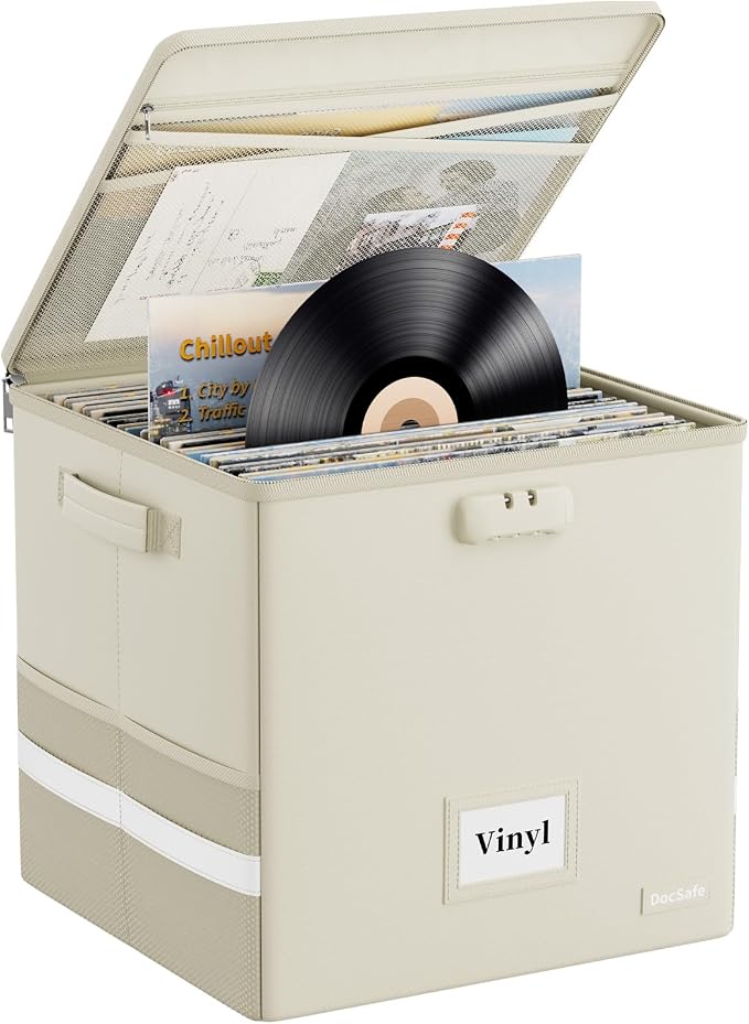 DocSafe Fireproof Vinyl Record Storage Box with Lock, Beige, 13"x13"x13" | Record Organizer for 100+ Single Records(12-inch),Collapsible,with Lid&Handles,Valuable Album Collection,Home&Travel Safe by DocSafe