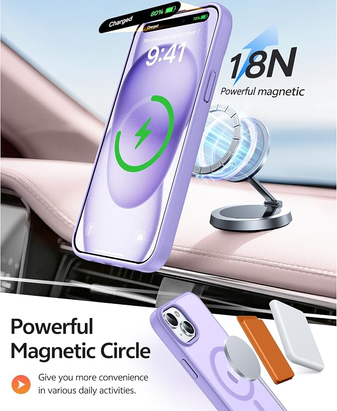 FNTCASE for iPhone 15/14/13 Case, Fit for Magsafe, Glass Screen Protector | Translucent Matte, Magnetic Phone Cases, 14FT Military Grade Drop Protection, Slim Shockproof Protective Cover, Light Purple - Image 3