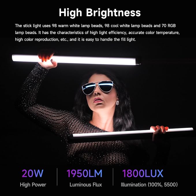 VILTROX K60 2 Pack Large Handheld Stick Light, 32Wh Rechargeable Battery 20W 1950lm RGB LED Video Light w PD Fast Charging CRI 97+ 2500K-8500K LCD Display, 22.8" Tube Light for Photography Light Wand - Image 3