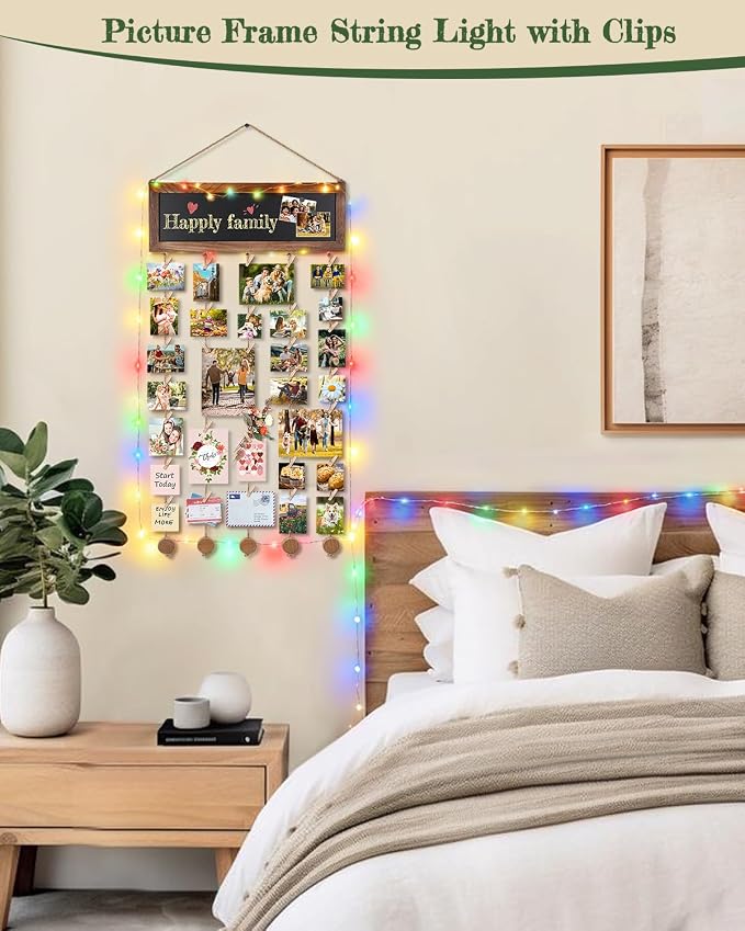 Bikoney Hanging Photo Display with String Lights, Clips & Chalkboard | Rustic Collage Picture Frame for Polaroids, Magnetic Chalkboard, Perfect Dorm Wall Decor & Graduation Gift - Image 4