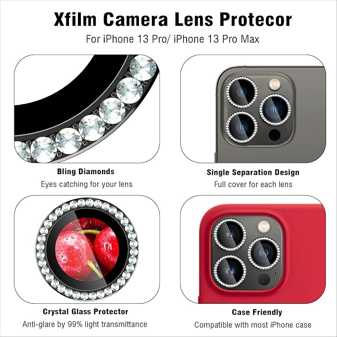 iPhone 13 Pro/13 Pro Max Camera Lens Protector Bling Diamond, Black | Individual Metal, 9H Hardness, Scratch Resistant, Shockproof, Drop Protection, Case Friendly, Stylish Accessories - Image 3