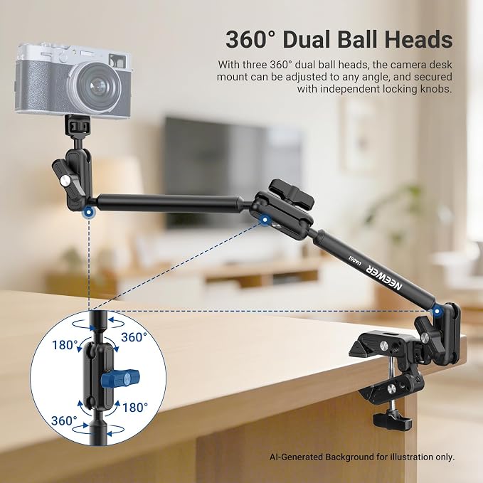 NEEWER Basics Magic Arm Table Stand, 55 cm Microphone Arm Overhead Mobile Phone Holder Desk with 1/4" 3/8" Threads for ARRI, for DSLR Action Cam Webcam Mic LED Light for Video Reinforcement, UA061 - Image 3