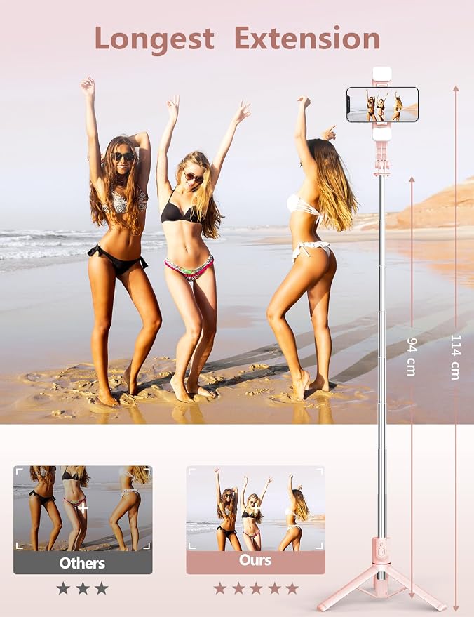 Selfie Stick with Light, 45'' Selfie Stick Tripod with Wireless Remote | Portable Travel Phone Tripod, Compatible with iPhone17/16/ 15 Pro Max/15/14, Samsung S22/ S23 Ultra/Android Smartphone (Pink) - Image 3
