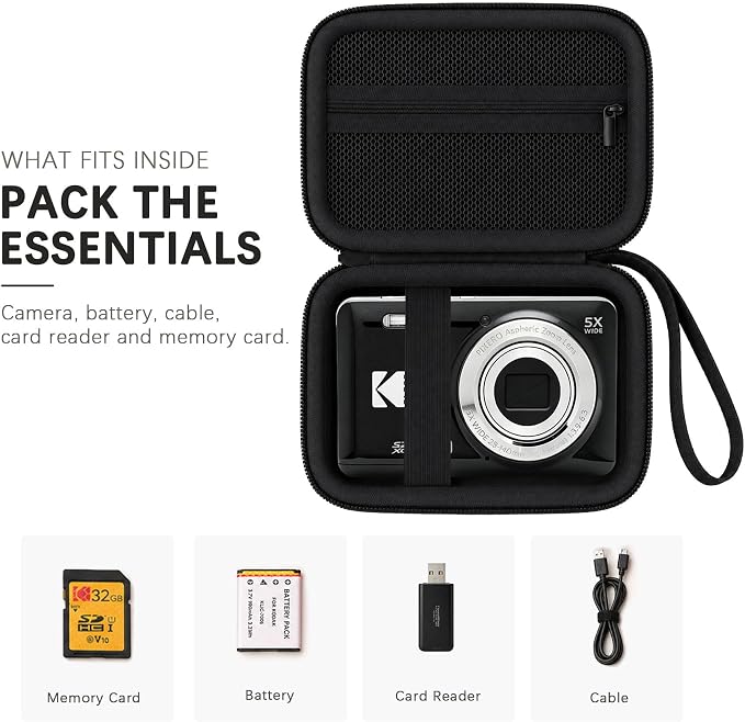 Camera Carrying Case for KODAK PIXPRO FZ55/ FZ45 Digital Camera | Camera Storage Case. Hard Protective Bag With Mesh Pocket Fits Batteries Cable Memory Card Card Reader, Black+ Black - Image 3