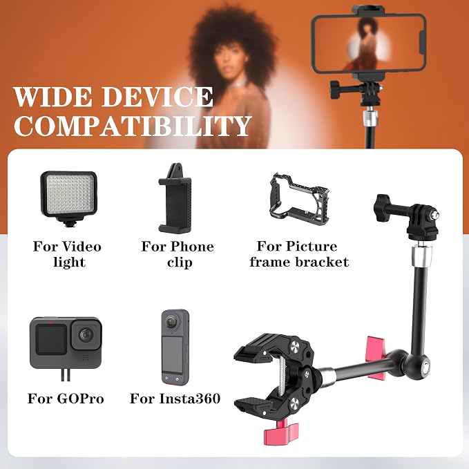 9.8" Magic Arm Clamp Kit with 1/4" 3/8" Screw 360° Ball Heads Articulating Arm with Super Clamp Camera Monitor Mount for Light Monitor Webcam or Camera 1.5kg for Table Tube - Image 7