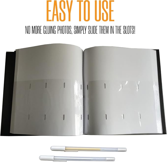 2x6 Strip Album, Black Cover White Pages, 2 Gel Pens, 20pk | Leather-cover photo strip scrapbook journal holds 2x6 photos. Album guest book for weddings, graduations, anniversaries. - Image 7