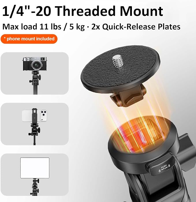 COMAN MT68 Auto-Open 83.4" Light Stand, for DSLR, iPhone, Action Cam, Light | 1/4" Ball Head with 2 QR Plates, Phone Clamp Included, Compact 18.5" Folded Storage, Portable 1.95 lbs, Sturdy Aluminum Build - Image 3