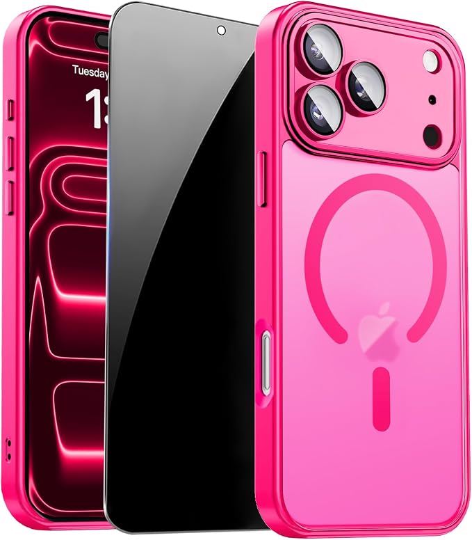 for iPhone 17 Pro Max Case with Privacy Screen Protector, Hot Pink | Full Camera Protection, Compatible with MagSafe, Magnetic Matte Shockproof Phone Cover for iPhone 17 Pro Max Women/Girls by ZOZDOKG
