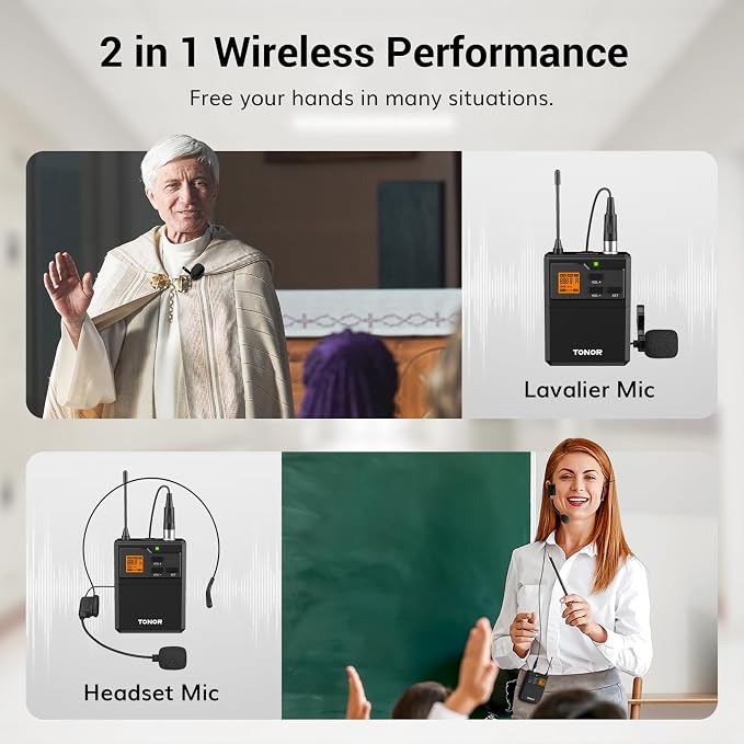 TONOR UHF Wireless Microphones System with Headset/Lavalier Lapel Mics, Bodypack Transmitter, Receiver, 4 * 10 Channels, 90 m/295ft Range for Live Singing Karaoke Church Party DJ, 4 Bodypack Mics - Image 7