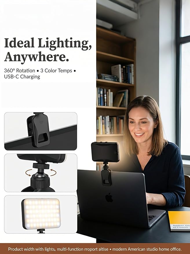 91 LED Portable Charger Selfie Light Video Conference Lighting | with Clip & Camera Tripod Adapter, Rechargeable 2000mAh, CRI 96+, 4 Light Modes, for Phone iPhone Webcam Laptop Makeup - Image 5