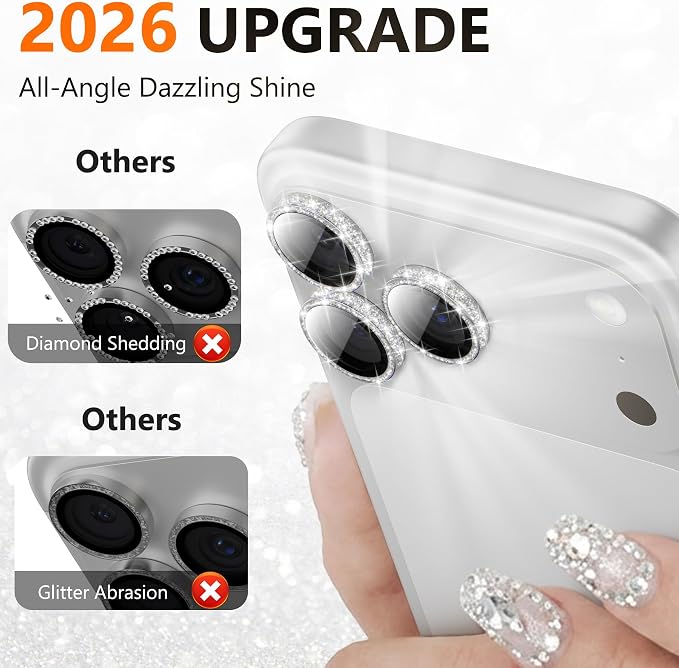 YWXTW [All-Over Glitter Camera Lens Protector for iPhone 17 Pro Max/17 Pro/16 Pro Max/16 Pro/15 Pro Max/15 Pro/14 Pro/Max, 9H Tempered Glass Camera Cover, Anti-Scratch Case Friendly (Titanium Silver) - Image 2