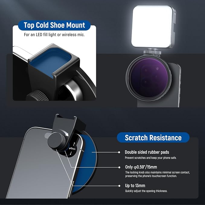 NEEWER 67mm Clip On Variable ND Filter Kit with Cold Shoe Phone Clip, Adjustable ND2-32 Filter Compatible with iPhone 17 16 15 Pro Max Plus Android Samsung Galaxy S24 S25 Ultra - Image 5